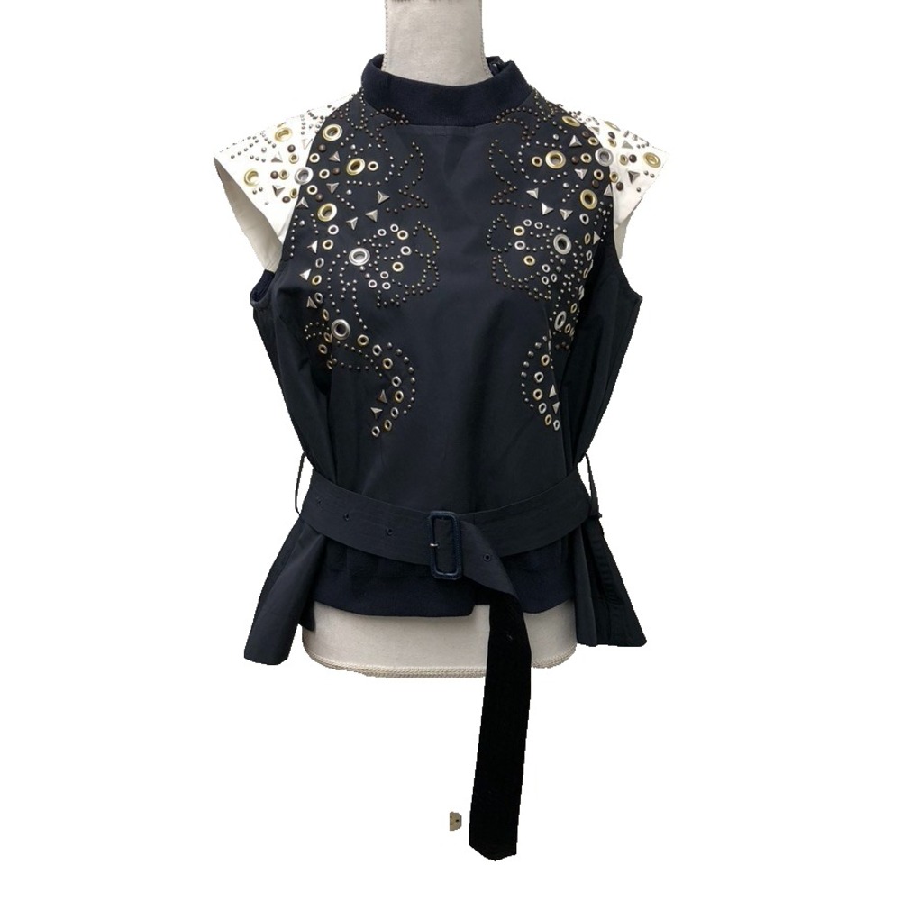 Sacai Blouse Womens Medium Blue‎ White Grommet Studded Belted Edgy Top